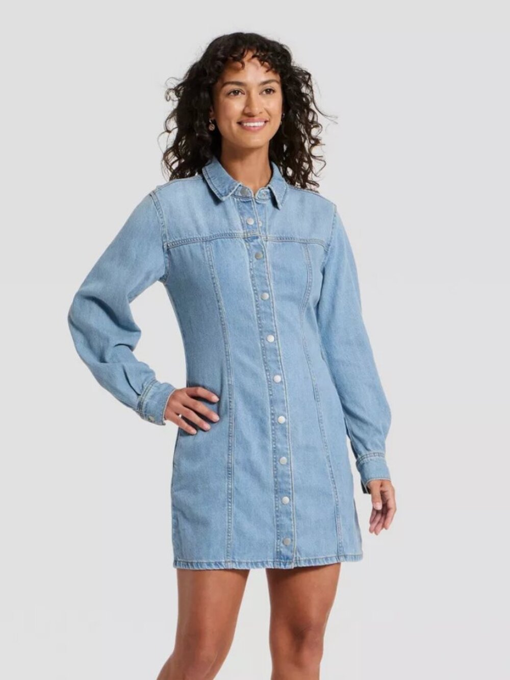 Women's Long Sleeve Mini Denim Shirtdress - Universal Thread Light Wash 6